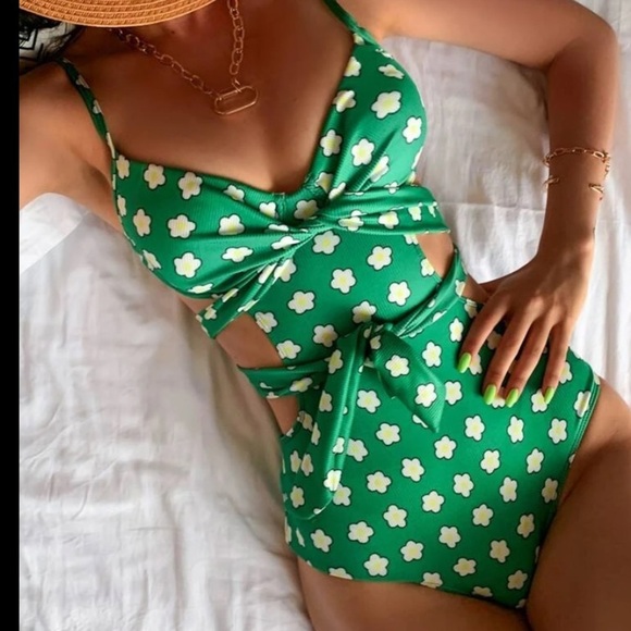 Green Floral Front Tie One Piece Swimsuit - Picture 1 of 5